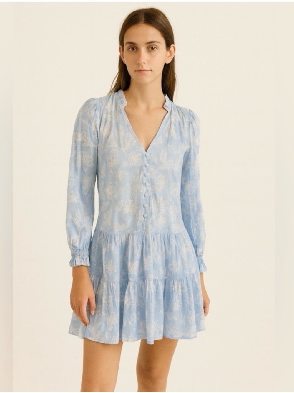 J. Marie Floral Print Long Sleeve Dress Size XS Color Blue White